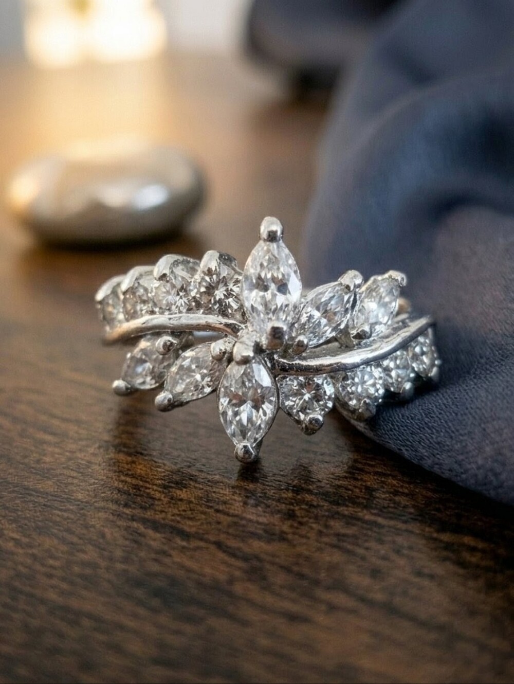 Vintage 925 Silver Marquise Waterfall Bypass Cluster Cocktail Ring